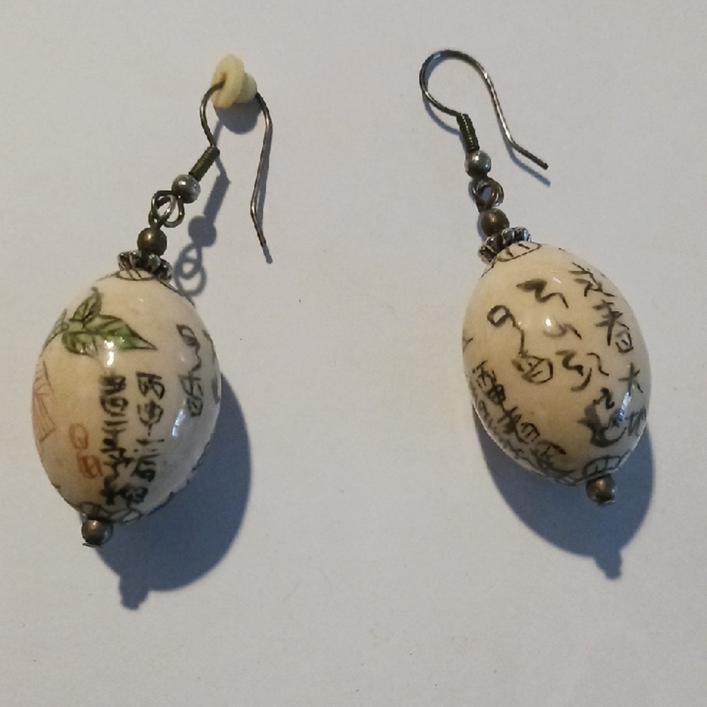 Hand-Painted Cream Ceramic Bead Dangle Earrings - Women Jewelry